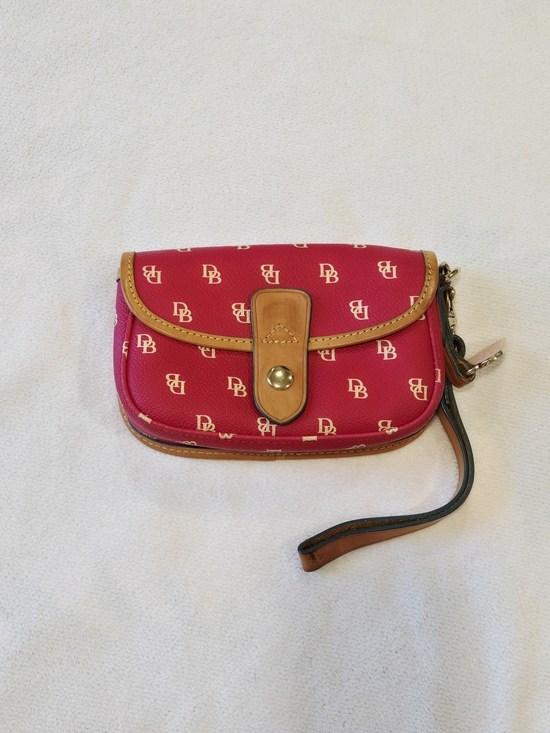 Dooney & Bourke Handbags - Dooney & Bourke Dark Pink Signature Logo Wristlet with Tan Leather Trim